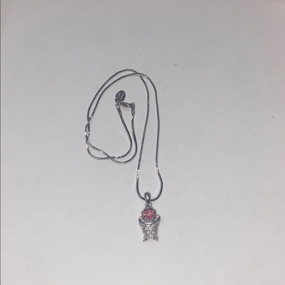 Silver color basketball necklace 9.5” with red crystals